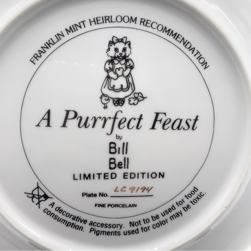 Franklin Mint “A Purrfect Feast” Bill Bell Limited Edition Fine Porcelain Plate - Picture 2 of 3